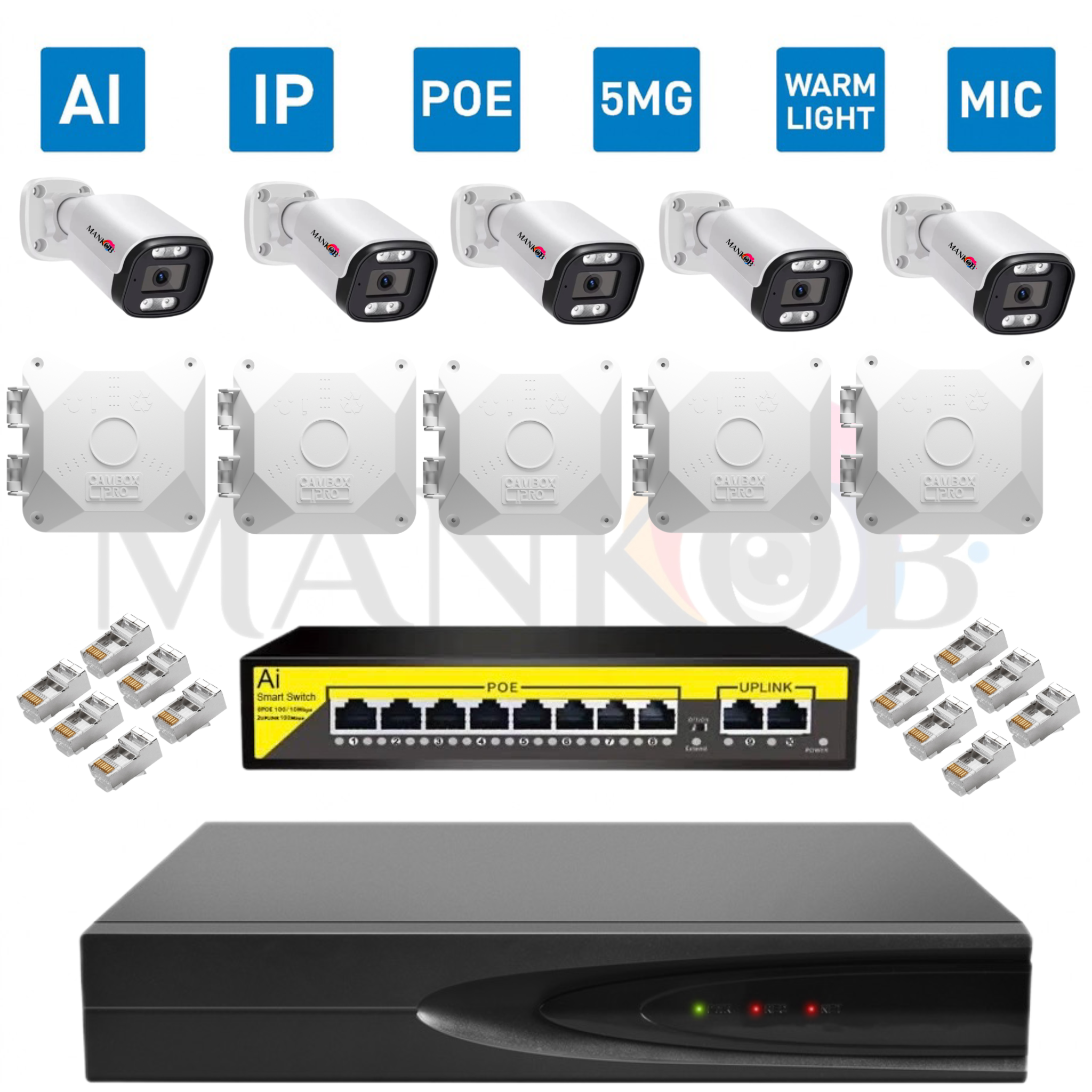 پکیج 5دوربین مداربسته poe با برد h4p فلزی با nvr هوشمند 10کانال 4k میکروفندار